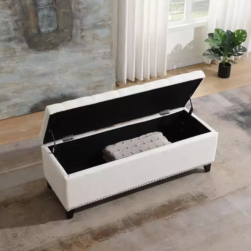 47.5" Storage Ottoman Bench, End of Bed Bench with Safety Hinge, Button-Tufted Linen Fabric, for Living Room, Entryway, Bedroom