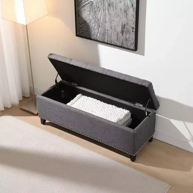 47.5" Storage Ottoman Bench, End of Bed Bench with Safety Hinge, Button-Tufted Linen Fabric, for Living Room, Entryway, Bedroom