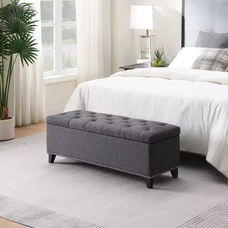 47.5" Storage Ottoman Bench, End of Bed Bench with Safety Hinge, Button-Tufted Linen Fabric, for Living Room, Entryway, Bedroom