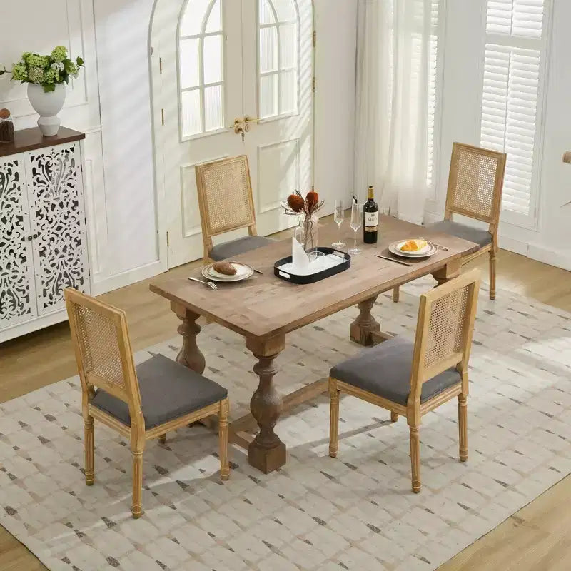 King Louis Chairs Set of 2, Rattan Back French Decor Side Chairs with Solid Rubberwood Legs, High Resilience Foam, 300lbs Capacity