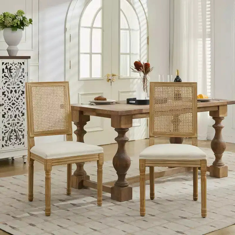 King Louis Chairs Set of 2, Rattan Back French Decor Side Chairs with Solid Rubberwood Legs, High Resilience Foam, 300lbs Capacity