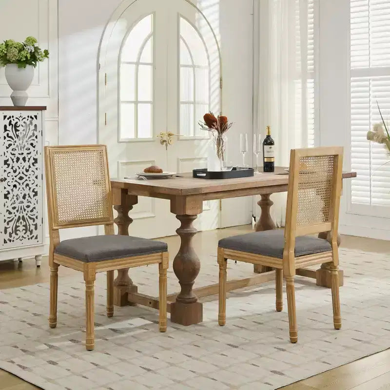 King Louis Chairs Set of 2, Rattan Back French Decor Side Chairs with Solid Rubberwood Legs, High Resilience Foam, 300lbs Capacity
