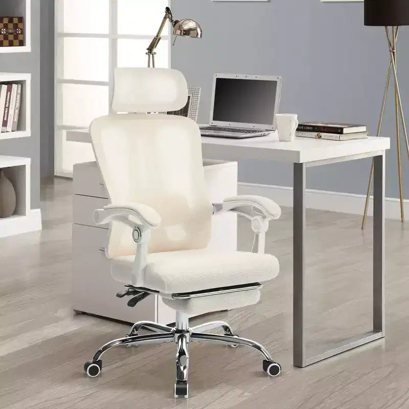 High Back Ergonomic Office Chair with Mesh Back, Retractable Footrest, Adjustable Headrest & Lumbar Support, Wide Computer Chair with Wheels, Beige