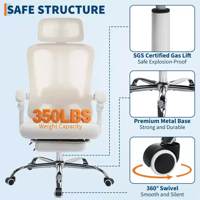 High Back Ergonomic Office Chair with Mesh Back, Retractable Footrest, Adjustable Headrest & Lumbar Support, Wide Computer Chair with Wheels, Beige