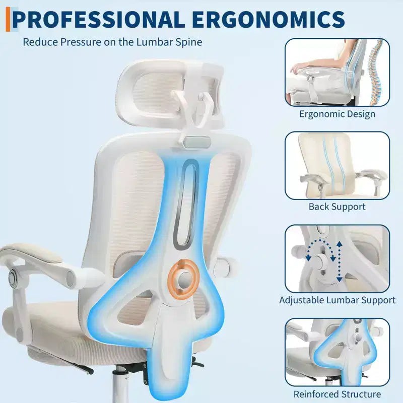 High Back Ergonomic Office Chair with Mesh Back, Retractable Footrest, Adjustable Headrest & Lumbar Support, Wide Computer Chair with Wheels, Beige