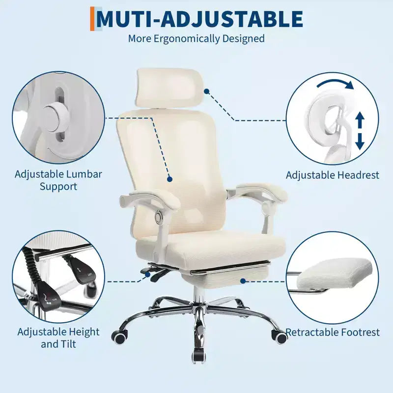 High Back Ergonomic Office Chair with Mesh Back, Retractable Footrest, Adjustable Headrest & Lumbar Support, Wide Computer Chair with Wheels, Beige