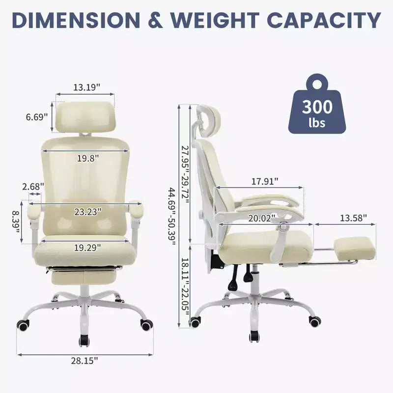 High Back Ergonomic Office Chair with Mesh Back, Retractable Footrest, Adjustable Headrest & Lumbar Support, Wide Computer Chair with Wheels, Beige
