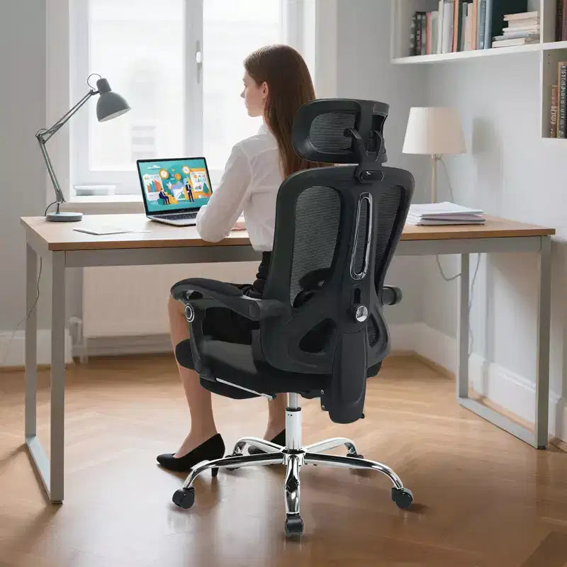 High Back Ergonomic Office Chair with Mesh Back, Retractable Footrest, Adjustable Headrest & Lumbar Support, Wide Computer Chair with Wheels, Beige