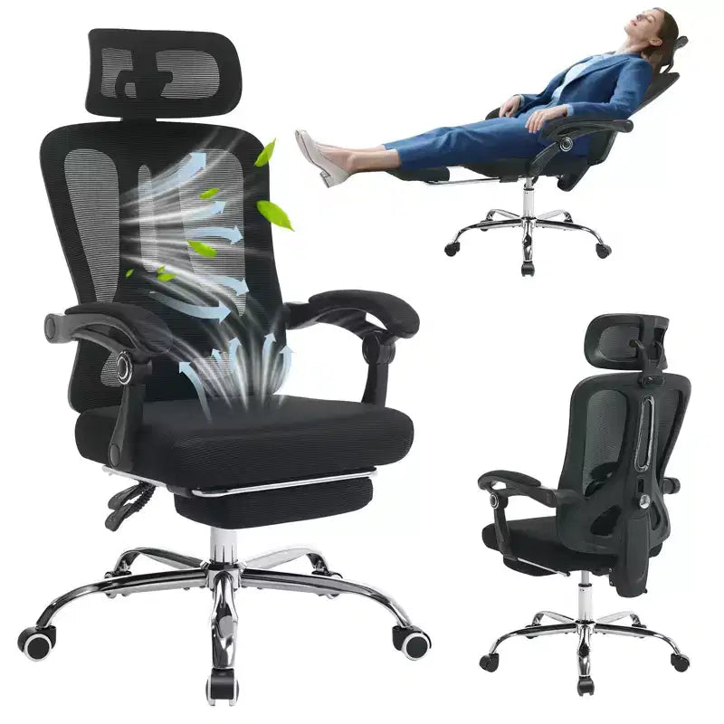 High Back Ergonomic Office Chair with Mesh Back, Retractable Footrest, Adjustable Headrest & Lumbar Support, Wide Computer Chair with Wheels, Beige