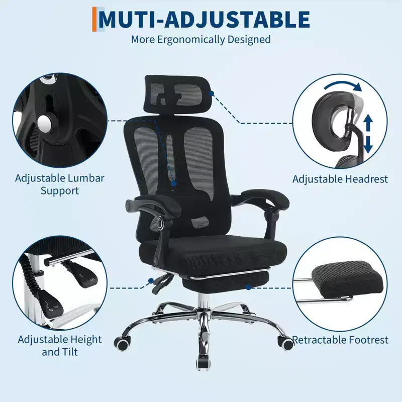 High Back Ergonomic Office Chair with Mesh Back, Retractable Footrest, Adjustable Headrest & Lumbar Support, Wide Computer Chair with Wheels, Beige