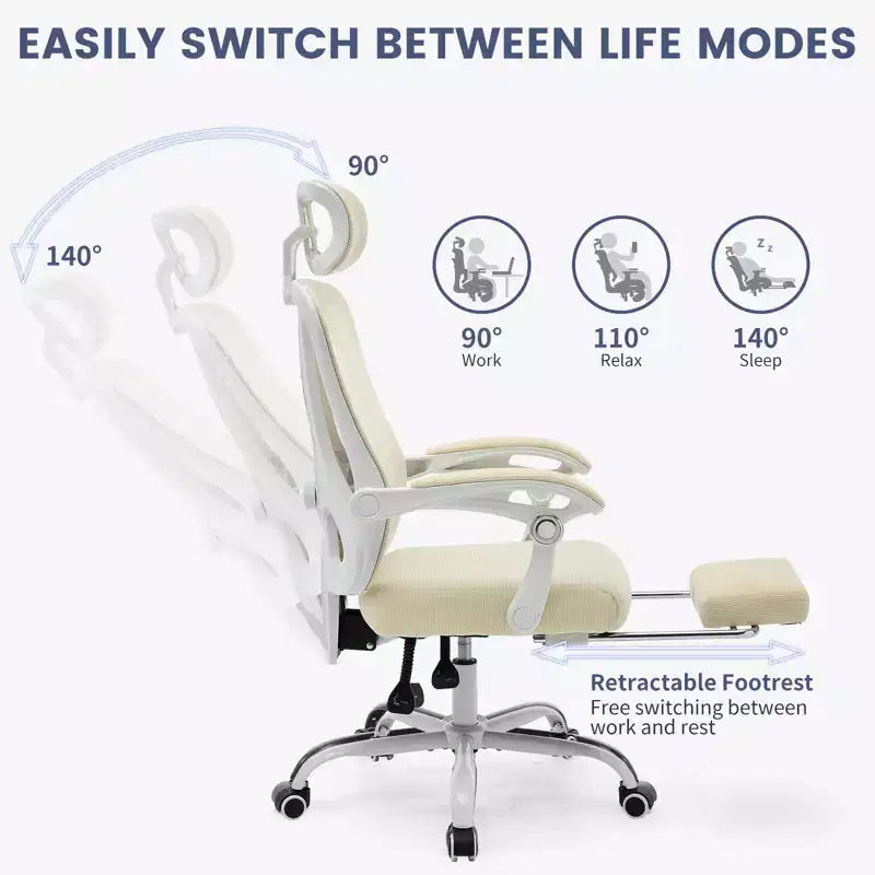High Back Ergonomic Office Chair with Mesh Back, Retractable Footrest, Adjustable Headrest & Lumbar Support, Wide Computer Chair with Wheels, Beige