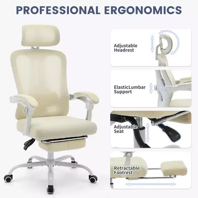 High Back Ergonomic Office Chair with Mesh Back, Retractable Footrest, Adjustable Headrest & Lumbar Support, Wide Computer Chair with Wheels, Beige
