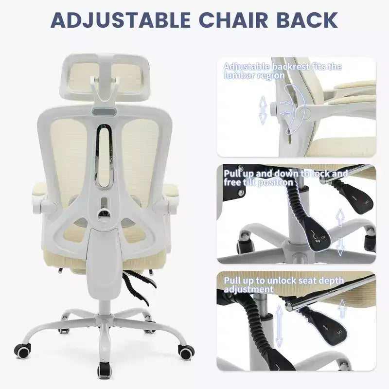 High Back Ergonomic Office Chair with Mesh Back, Retractable Footrest, Adjustable Headrest & Lumbar Support, Wide Computer Chair with Wheels, Beige