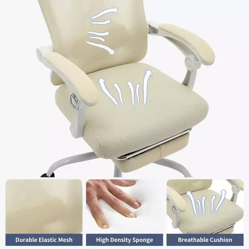 High Back Ergonomic Office Chair with Mesh Back, Retractable Footrest, Adjustable Headrest & Lumbar Support, Wide Computer Chair with Wheels, Beige