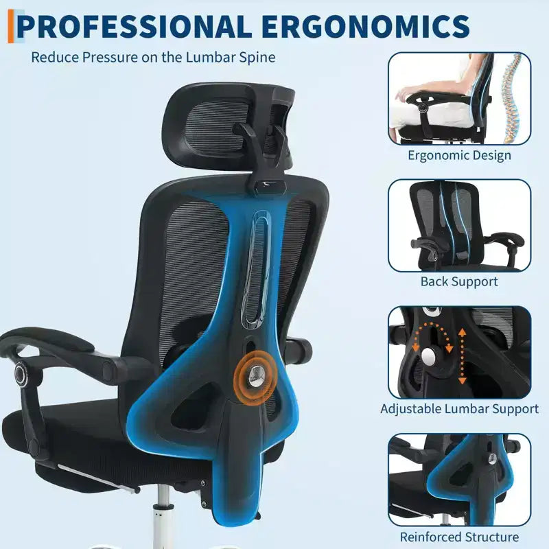 High Back Ergonomic Office Chair with Mesh Back, Retractable Footrest, Adjustable Headrest & Lumbar Support, Wide Computer Chair with Wheels, Beige