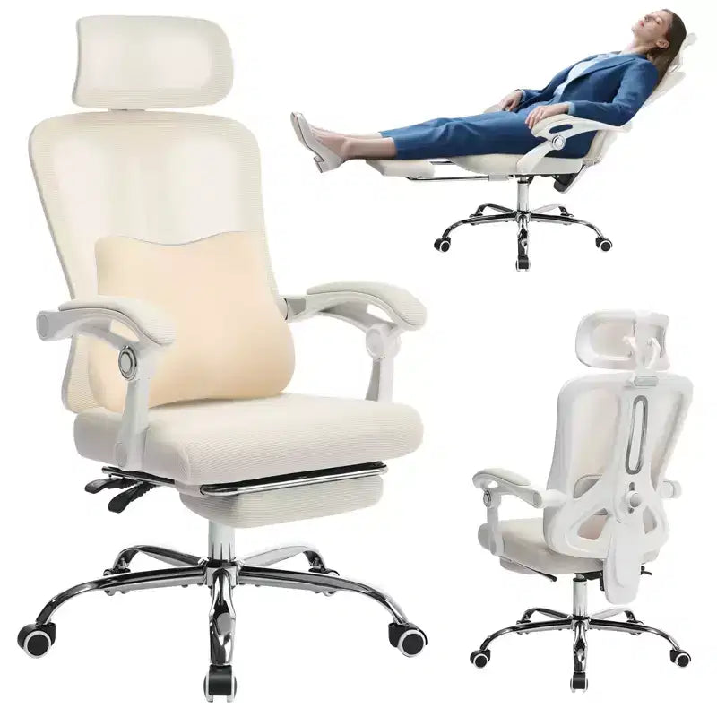 High Back Ergonomic Office Chair with Mesh Back, Retractable Footrest, Adjustable Headrest & Lumbar Support, Wide Computer Chair with Wheels, Beige