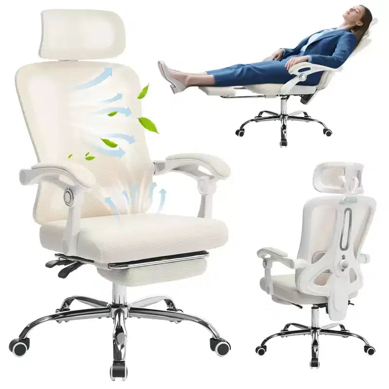 High Back Ergonomic Office Chair with Mesh Back, Retractable Footrest, Adjustable Headrest & Lumbar Support, Wide Computer Chair with Wheels, Beige