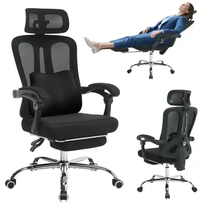 High Back Ergonomic Office Chair with Mesh Back, Retractable Footrest, Adjustable Headrest & Lumbar Support, Wide Computer Chair with Wheels, Beige