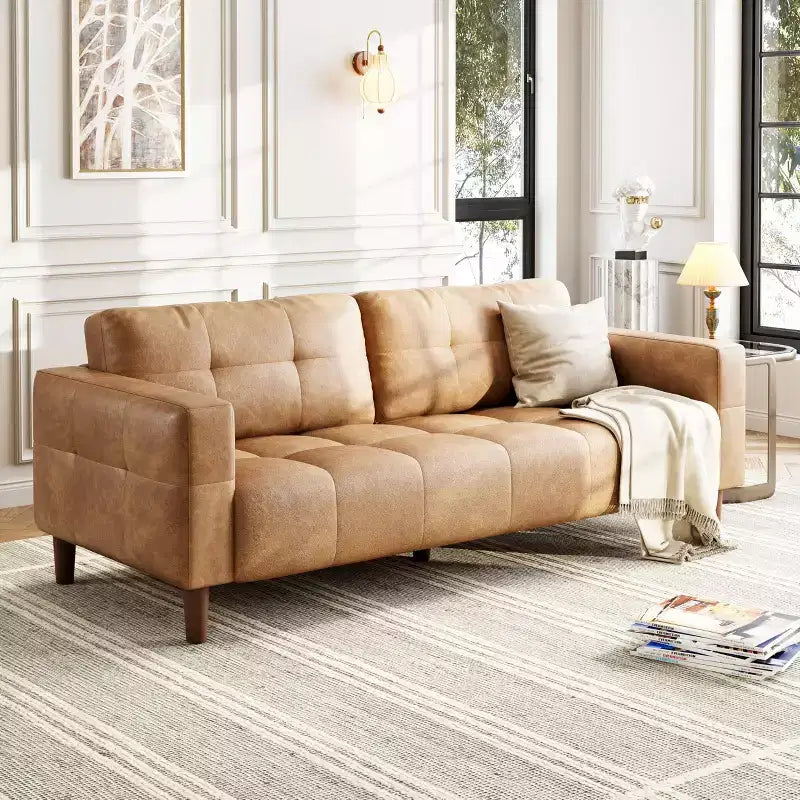 Modern 3-Seater Sofa and 2 Removable Back Cushions for Living Room,Faux Leather Sofa Couch with Spring Cushion, Easy Assembly for Small Spaces
