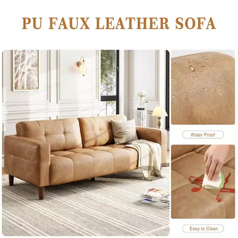 Modern 3-Seater Sofa and 2 Removable Back Cushions for Living Room,Faux Leather Sofa Couch with Spring Cushion, Easy Assembly for Small Spaces