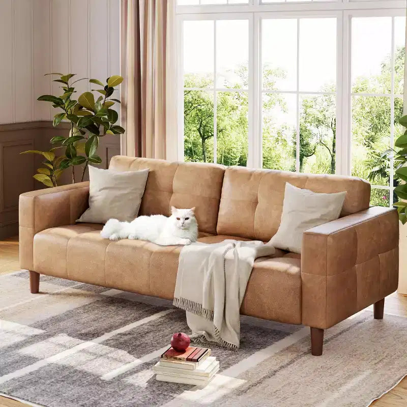 Modern 3-Seater Sofa and 2 Removable Back Cushions for Living Room,Faux Leather Sofa Couch with Spring Cushion, Easy Assembly for Small Spaces