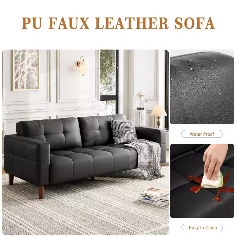 Modern 3-Seater Sofa and 2 Removable Back Cushions for Living Room,Faux Leather Sofa Couch with Spring Cushion, Easy Assembly for Small Spaces
