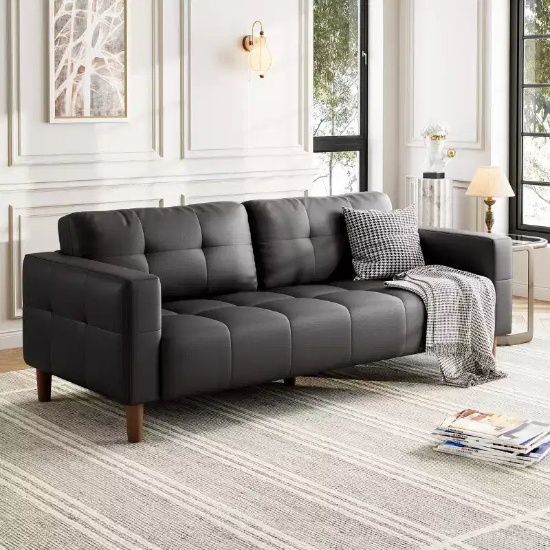 Modern 3-Seater Sofa and 2 Removable Back Cushions for Living Room,Faux Leather Sofa Couch with Spring Cushion, Easy Assembly for Small Spaces