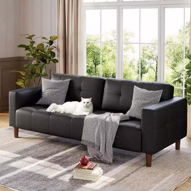 Modern 3-Seater Sofa and 2 Removable Back Cushions for Living Room,Faux Leather Sofa Couch with Spring Cushion, Easy Assembly for Small Spaces