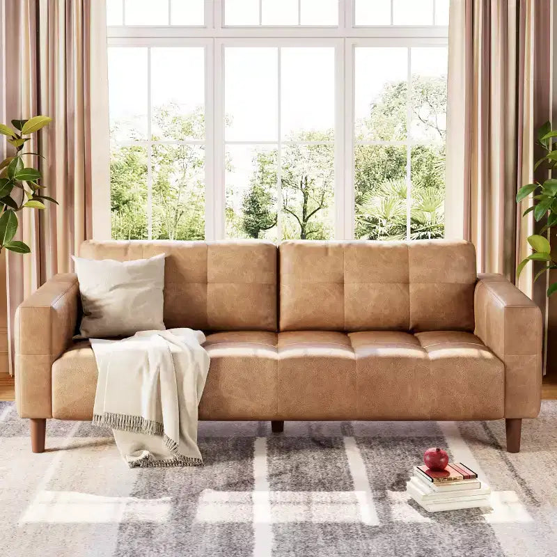 Modern 3-Seater Sofa and 2 Removable Back Cushions for Living Room,Faux Leather Sofa Couch with Spring Cushion, Easy Assembly for Small Spaces