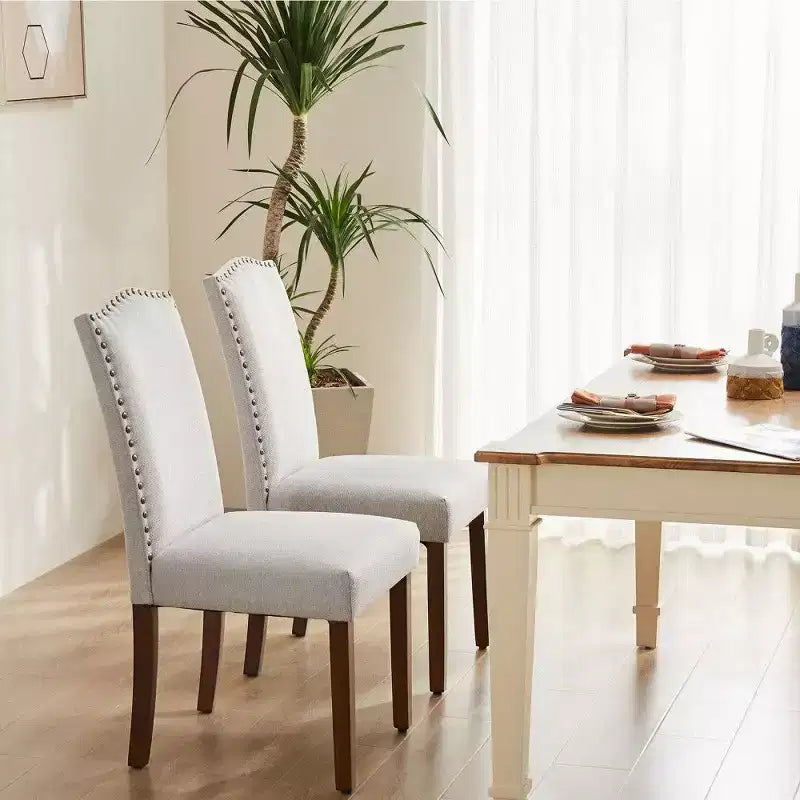 Modern Dining Chairs Set of 2, Linen Upholstered Kitchen Chairs with Nailhead Trim & Rubberwood Legs for Dining Room, Kitchen, Living Room