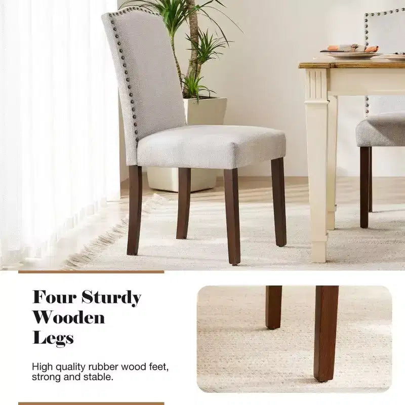 Modern Dining Chairs Set of 2, Linen Upholstered Kitchen Chairs with Nailhead Trim & Rubberwood Legs for Dining Room, Kitchen, Living Room