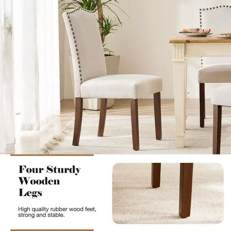 Modern Dining Chairs Set of 2, Linen Upholstered Kitchen Chairs with Nailhead Trim & Rubberwood Legs for Dining Room, Kitchen, Living Room