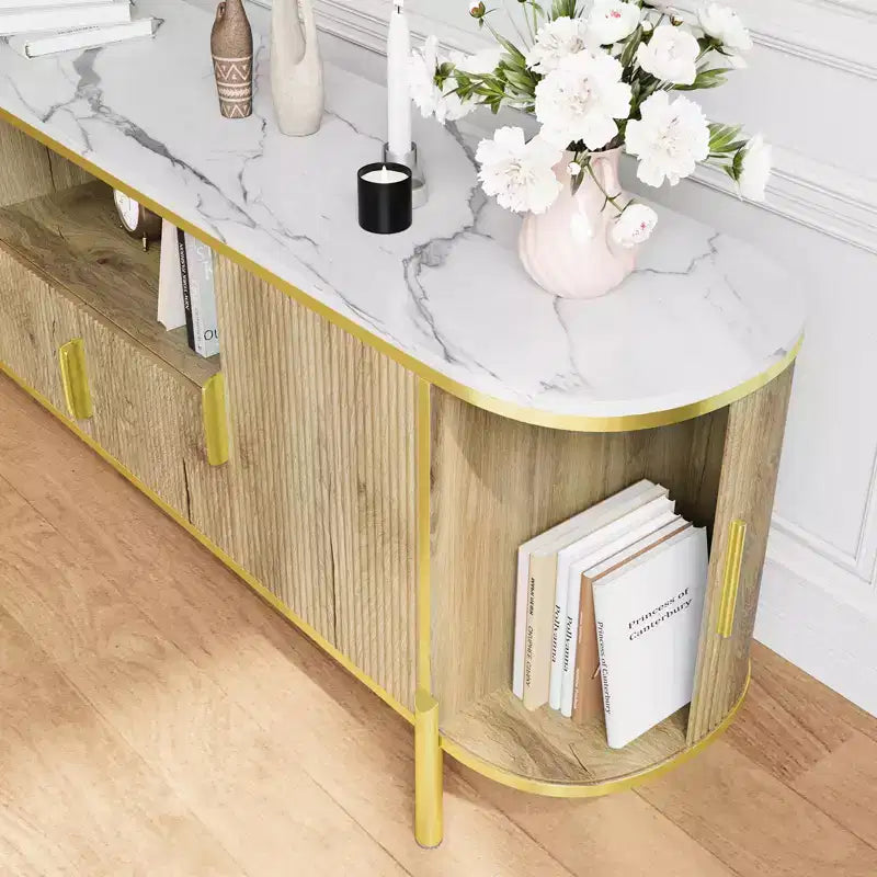 Round Wave Pattern Four-Door TV Stand , Adjustable Shelves, Imitation Marble Top, Gold Metal Decoration, Soft Closing Hinges
