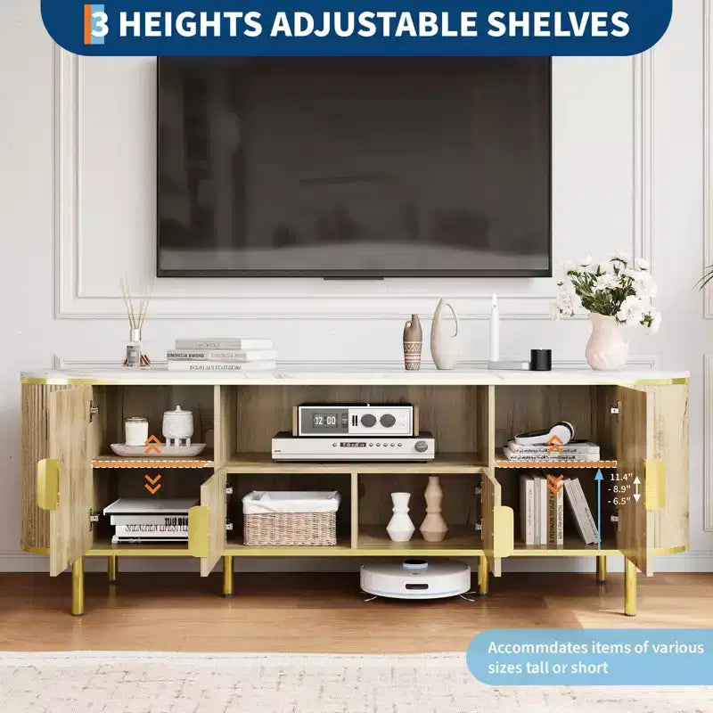 Round Wave Pattern Four-Door TV Stand , Adjustable Shelves, Imitation Marble Top, Gold Metal Decoration, Soft Closing Hinges