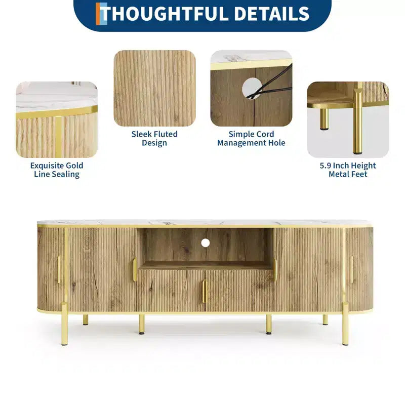 Round Wave Pattern Four-Door TV Stand , Adjustable Shelves, Imitation Marble Top, Gold Metal Decoration, Soft Closing Hinges