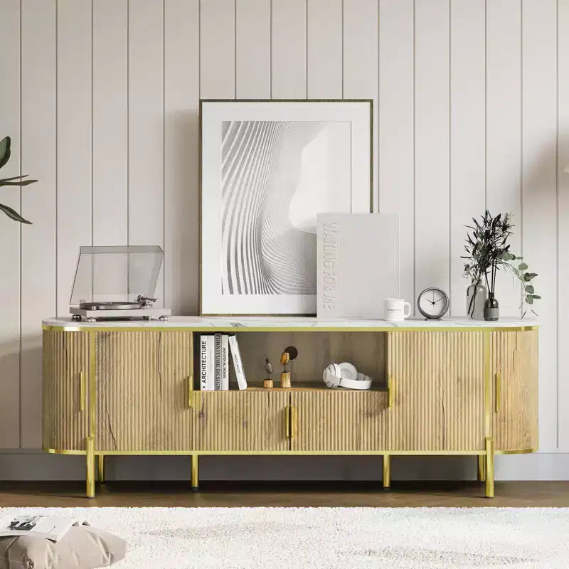 Round Wave Pattern Four-Door TV Stand , Adjustable Shelves, Imitation Marble Top, Gold Metal Decoration, Soft Closing Hinges