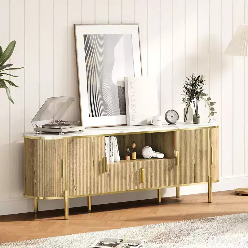 Round Wave Pattern Four-Door TV Stand , Adjustable Shelves, Imitation Marble Top, Gold Metal Decoration, Soft Closing Hinges