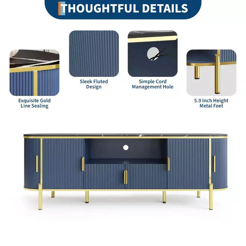 Round Wave Pattern Four-Door TV Stand , Adjustable Shelves, Imitation Marble Top, Gold Metal Decoration, Soft Closing Hinges