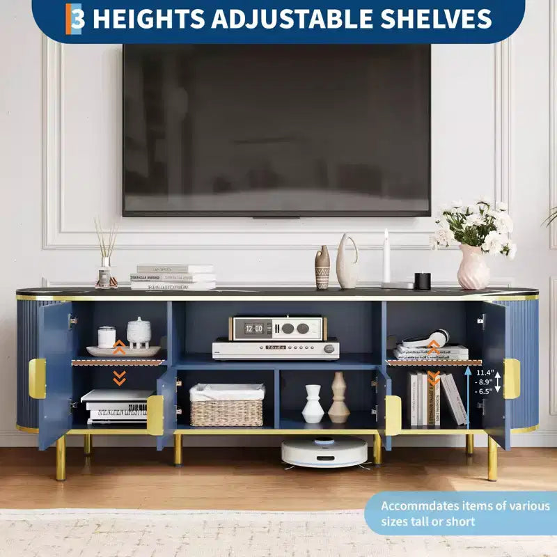 Round Wave Pattern Four-Door TV Stand , Adjustable Shelves, Imitation Marble Top, Gold Metal Decoration, Soft Closing Hinges