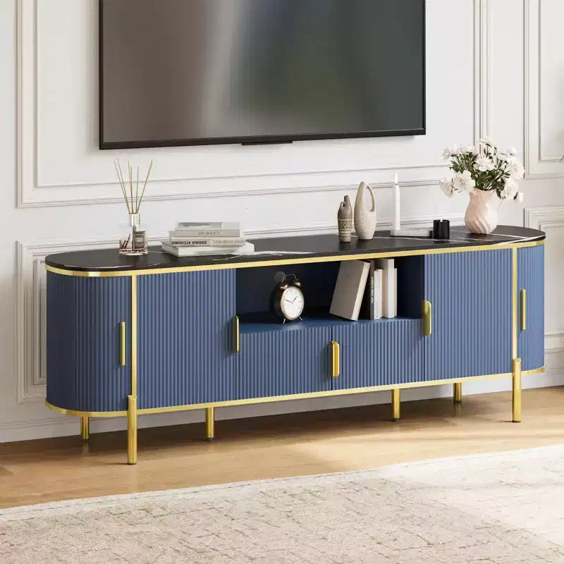 Round Wave Pattern Four-Door TV Stand , Adjustable Shelves, Imitation Marble Top, Gold Metal Decoration, Soft Closing Hinges