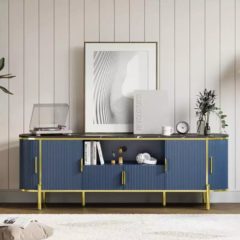 Round Wave Pattern Four-Door TV Stand , Adjustable Shelves, Imitation Marble Top, Gold Metal Decoration, Soft Closing Hinges
