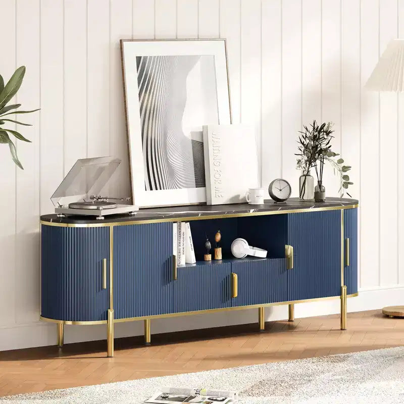 Round Wave Pattern Four-Door TV Stand , Adjustable Shelves, Imitation Marble Top, Gold Metal Decoration, Soft Closing Hinges
