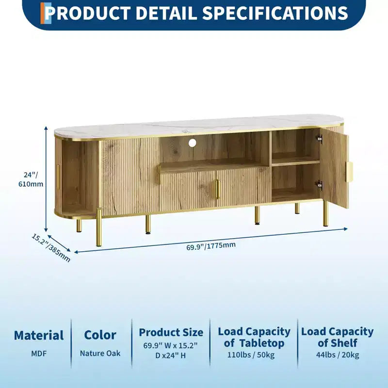Round Wave Pattern Four-Door TV Stand , Adjustable Shelves, Imitation Marble Top, Gold Metal Decoration, Soft Closing Hinges
