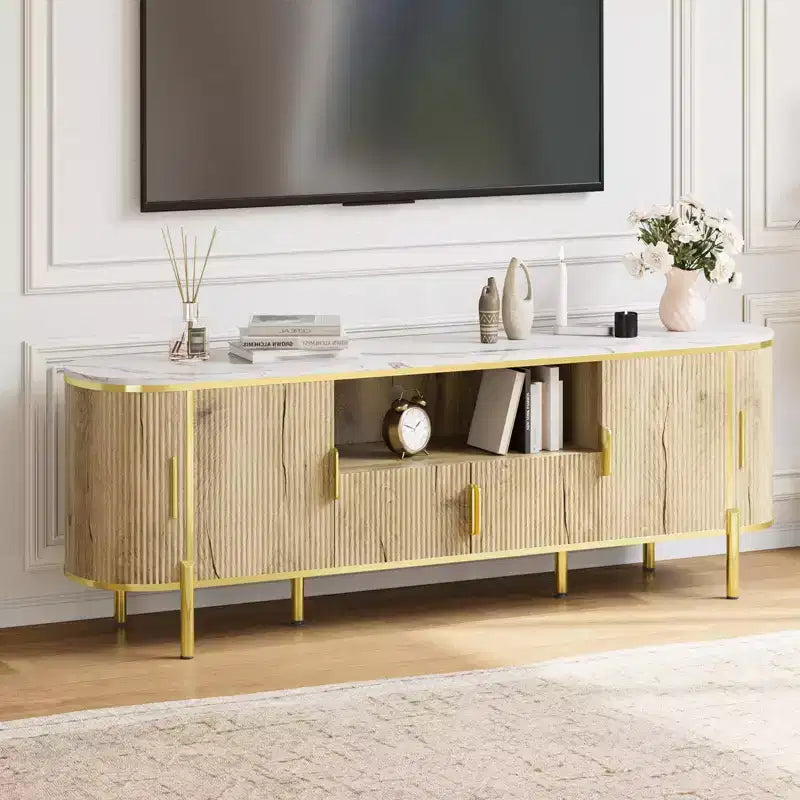 Round Wave Pattern Four-Door TV Stand , Adjustable Shelves, Imitation Marble Top, Gold Metal Decoration, Soft Closing Hinges