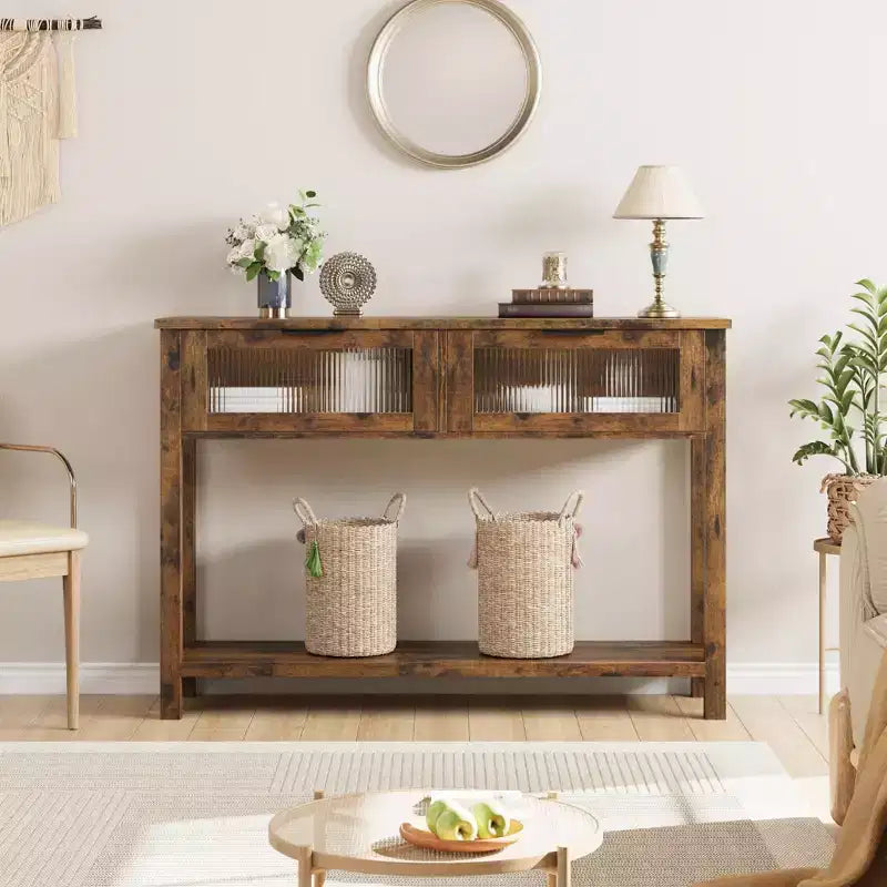43'' Modern Narrow Console Table with 2 Glass Drawers - 2-Tier Storage Sofa Table for Entryway, Living Room, Hallway & Foyer