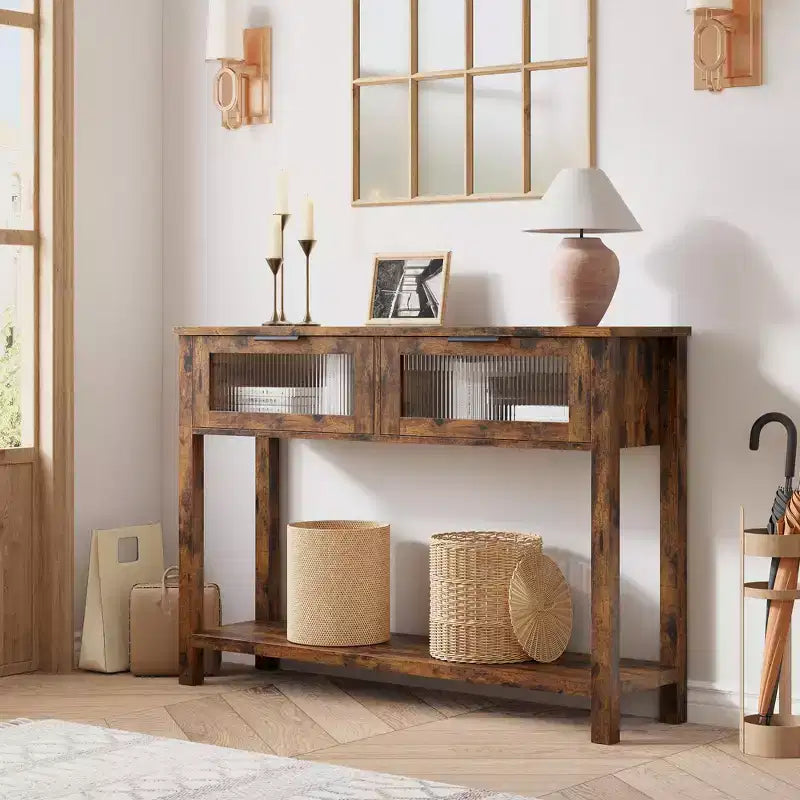 43'' Modern Narrow Console Table with 2 Glass Drawers - 2-Tier Storage Sofa Table for Entryway, Living Room, Hallway & Foyer