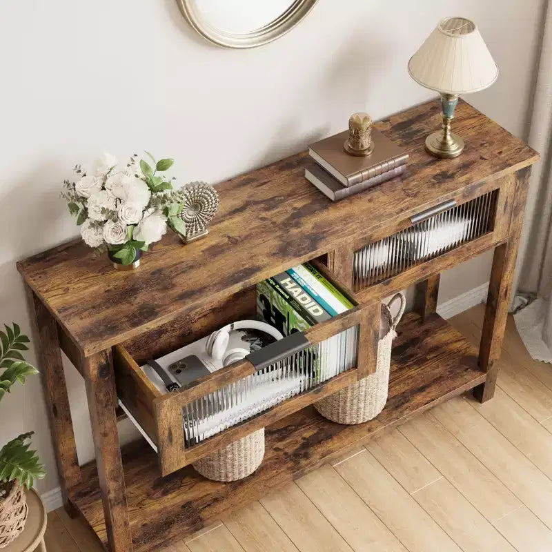 43'' Modern Narrow Console Table with 2 Glass Drawers - 2-Tier Storage Sofa Table for Entryway, Living Room, Hallway & Foyer