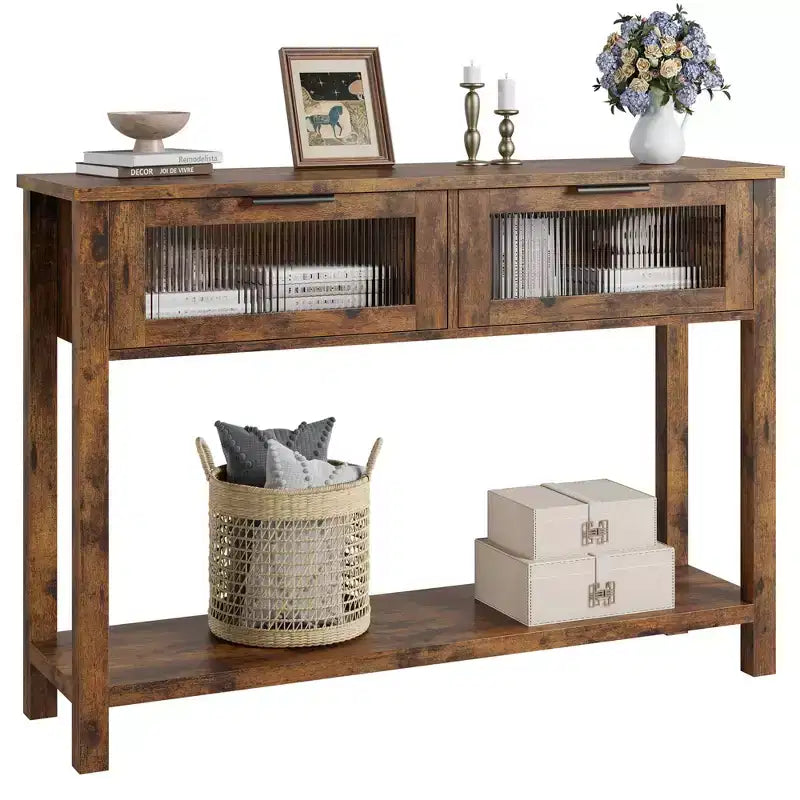 43'' Modern Narrow Console Table with 2 Glass Drawers - 2-Tier Storage Sofa Table for Entryway, Living Room, Hallway & Foyer