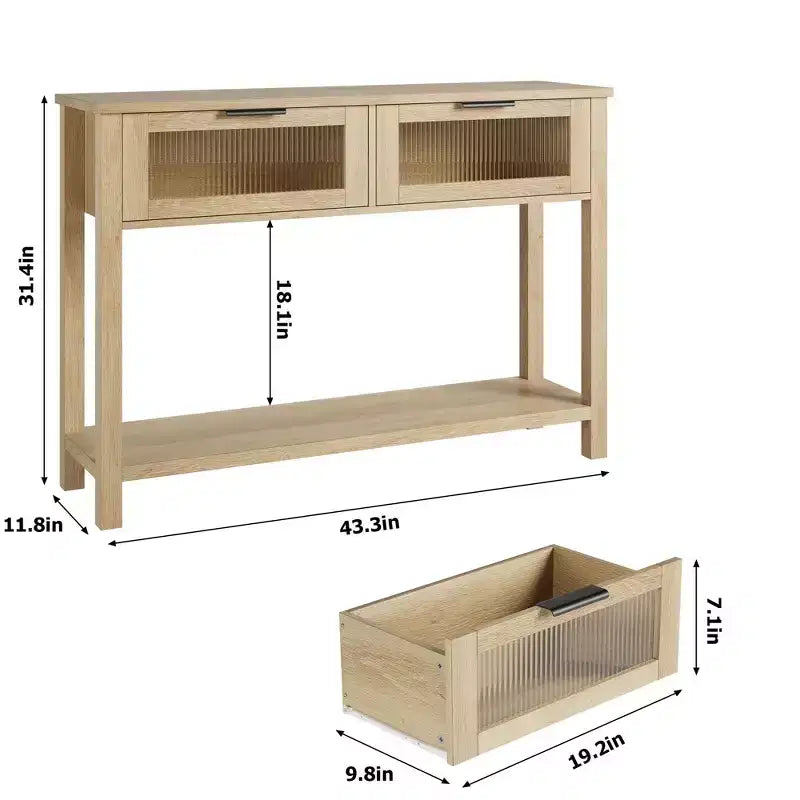 43'' Modern Narrow Console Table with 2 Glass Drawers - 2-Tier Storage Sofa Table for Entryway, Living Room, Hallway & Foyer