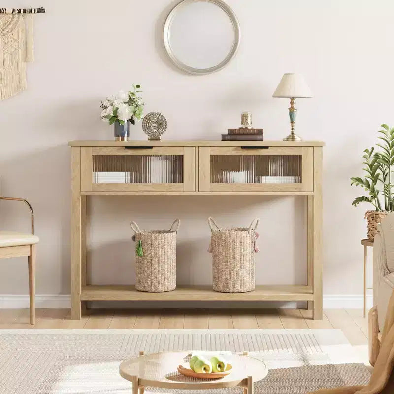 43'' Modern Narrow Console Table with 2 Glass Drawers - 2-Tier Storage Sofa Table for Entryway, Living Room, Hallway & Foyer